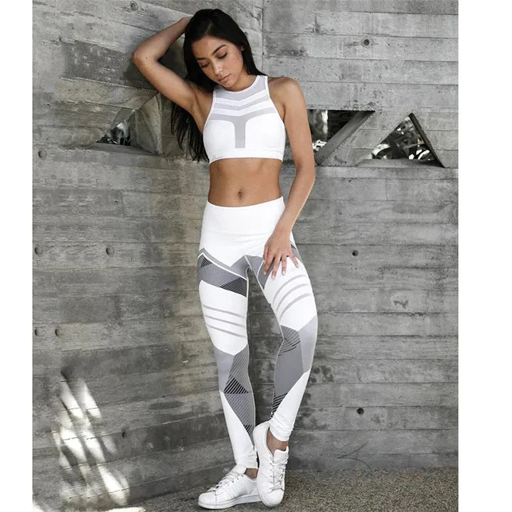 Women's Summer Elastic Fitness Leggings With Printed Blocks