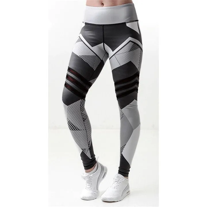 Women's Summer Elastic Fitness Leggings With Printed Blocks