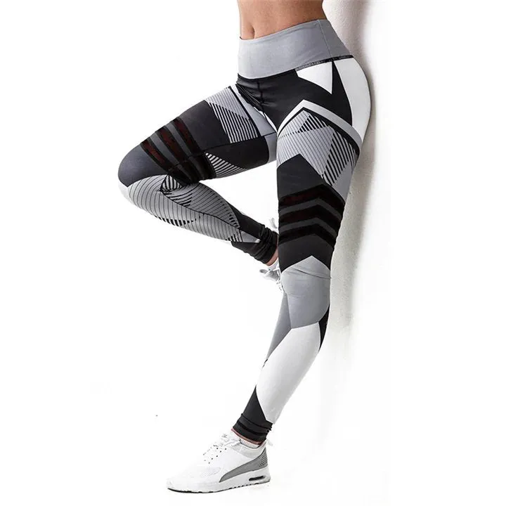 Women's Summer Elastic Fitness Leggings With Printed Blocks