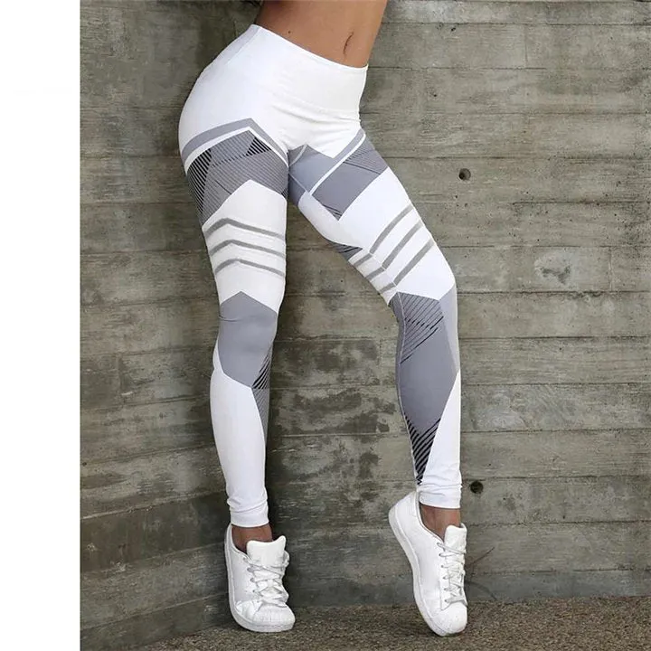 Women's Summer Elastic Fitness Leggings With Printed Blocks