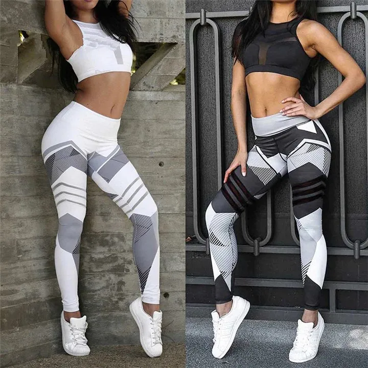 Women's Summer Elastic Fitness Leggings With Printed Blocks