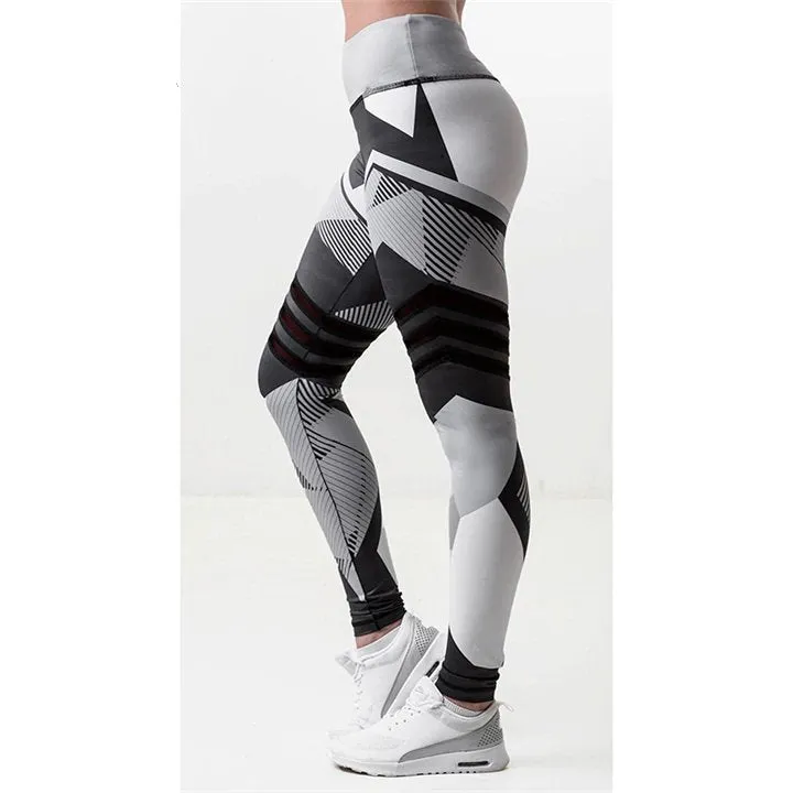 Women's Summer Elastic Fitness Leggings With Printed Blocks