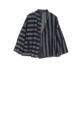 WOVEN STRIPE FRAYED PATCH BACK KANTHA STAND COLLAR CROPPED JKT - wp2034-gry -
