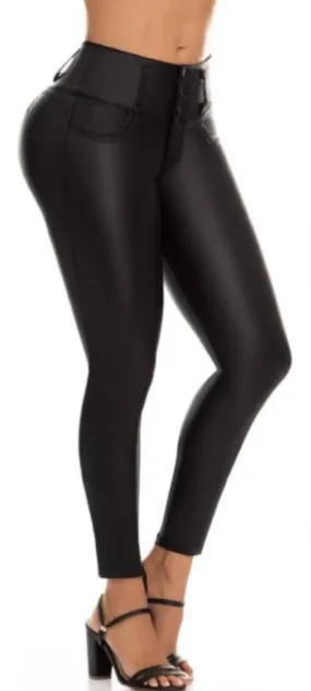 Yenny Push Up Jeans - High Waisted - Black Matte Leather-Look